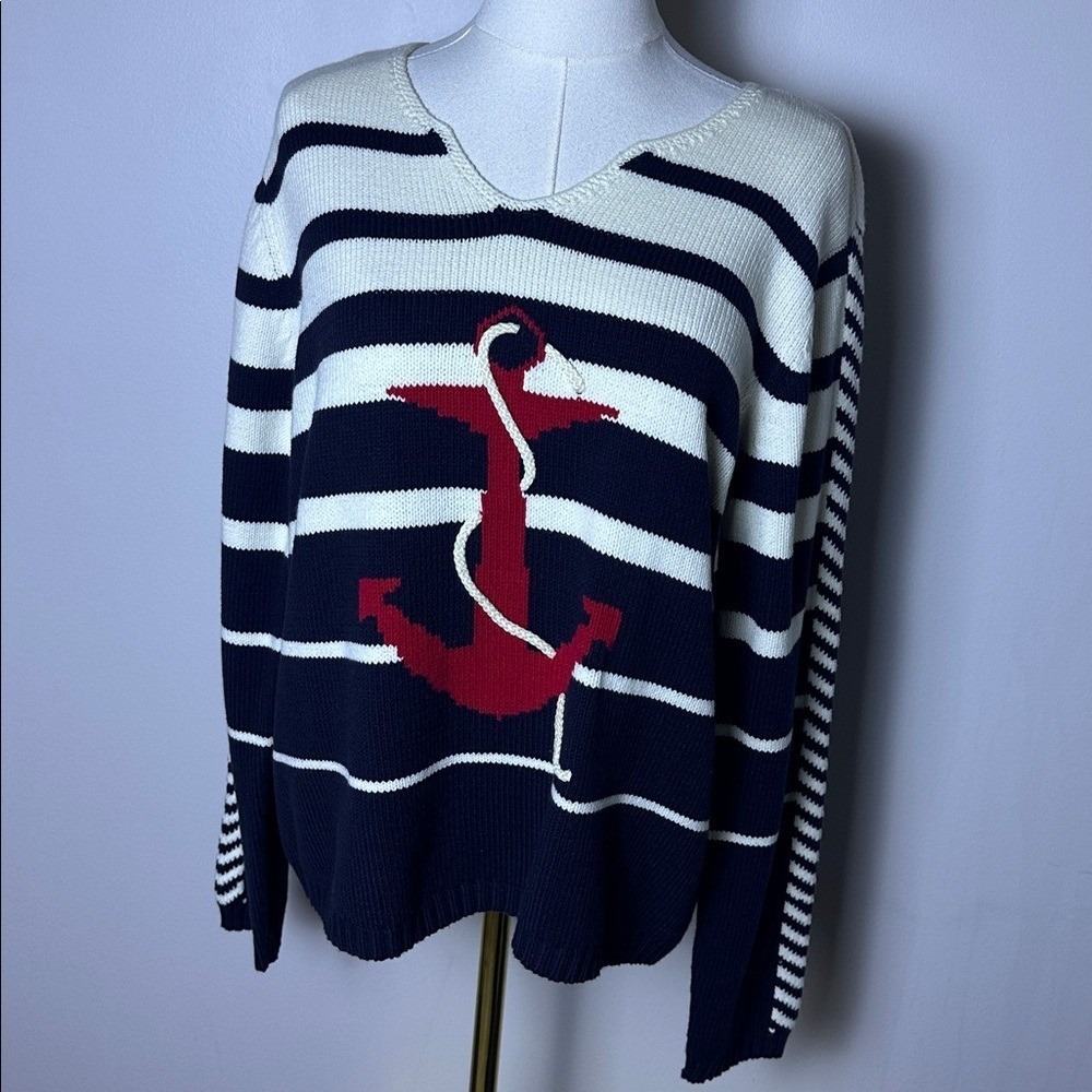 Womens Nautical Striped Coastal Preppy Pullover Resort Wear Sweater Navy White L